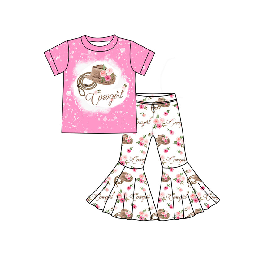 Preorder Baby Girl Short Sleeves Cowgirl Flower Pink Shirt Bell Pants Clothes Set