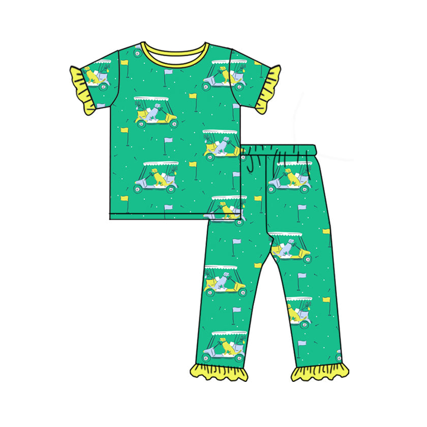 Preorder Baby Girl Short Sleeves Golf Cart Shirt Pants Pajamas Clothes Green Set