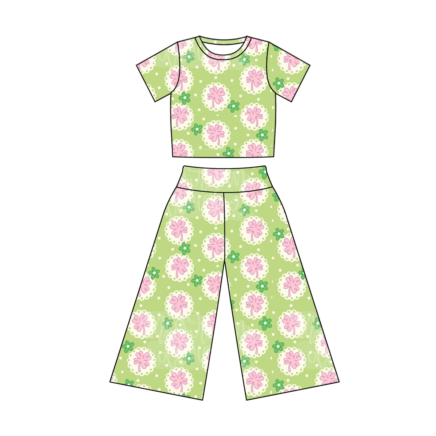 Preorder Baby Girl Short Sleeves Flower Shirt Bell Pants Clothes Green Set