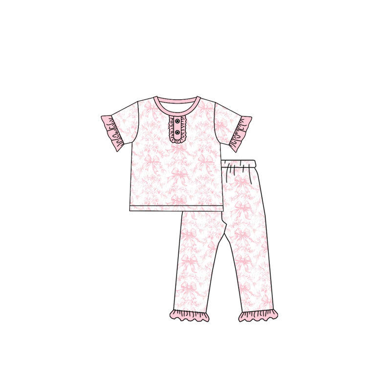 Preorder Baby Girl Kids Short Sleeves Pink Bows Shirt Pants Pajamas Clothes Set