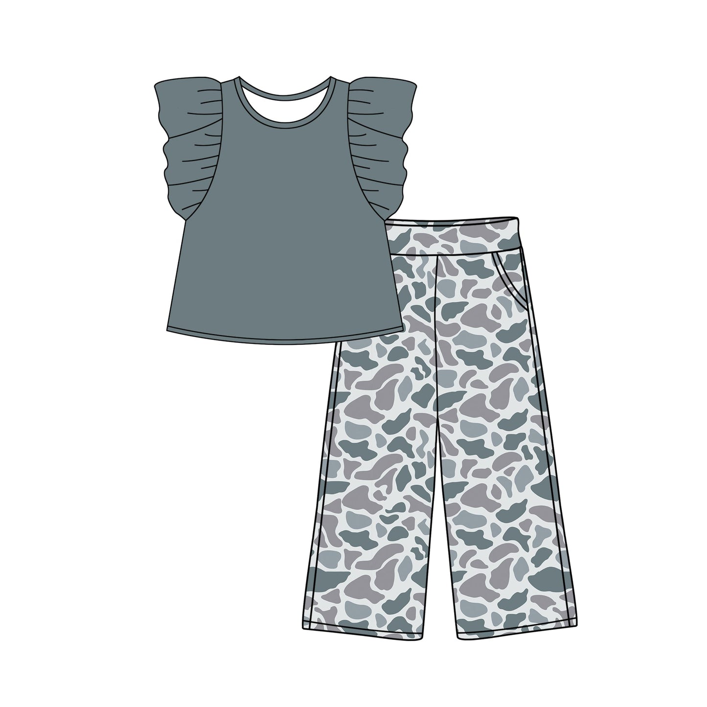 Preorder Baby Girl Short Sleeves Shirt Grey Camo Pants Clothes Set