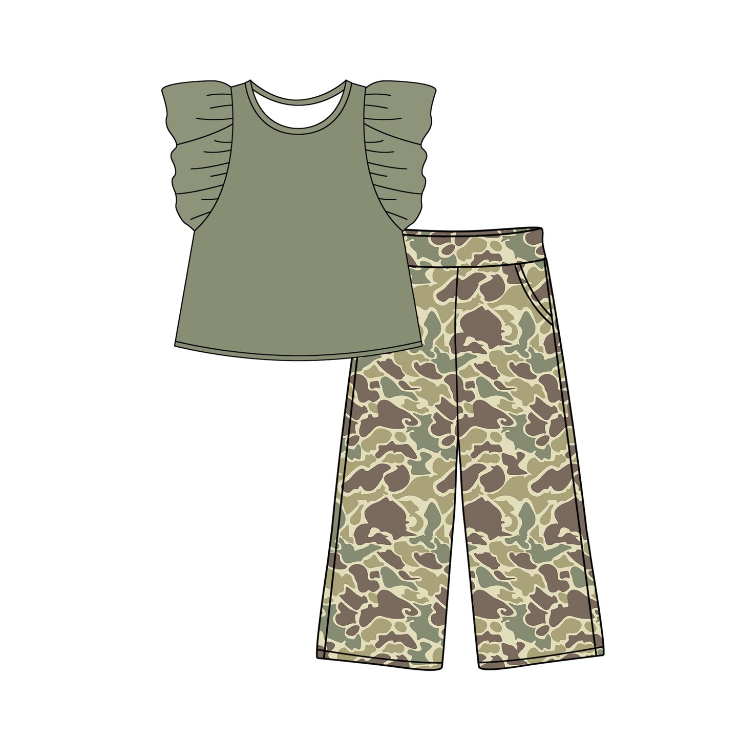 Preorder Baby Girl Short Sleeves Green Flutter Sleeve Shirt Camo Pants Clothes Set