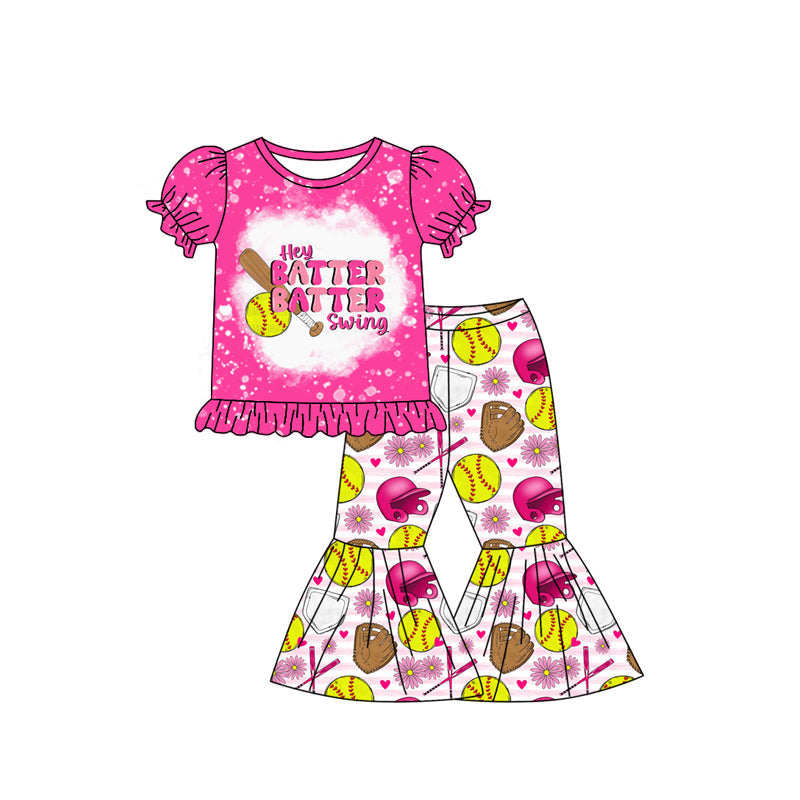 Preorder Baby Girl Short Sleeves Softball Shirt Flower Bell Pants Clothes Set