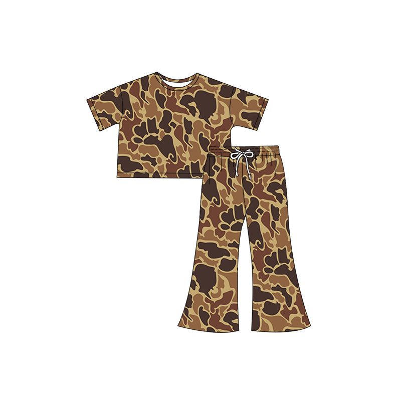 Preorder Baby Girl Kids Short Sleeves Shirt Tops Pants Clothes Brown Camo Set