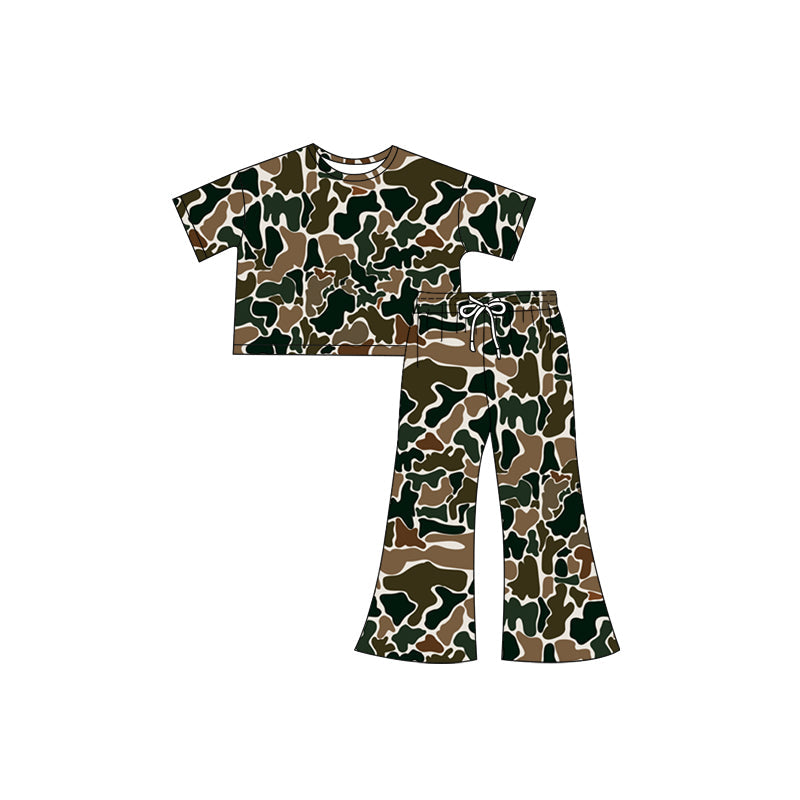 Preorder Baby Girl Toddler Short Sleeves Tops Shirt Dark Brown Camo Pants Clothes Set