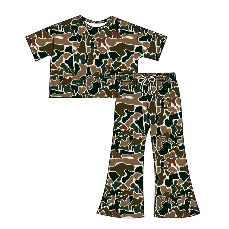 Preorder Adult Women Short Sleeves Tops Shirt Dark Brown Camo Pants Clothes Set