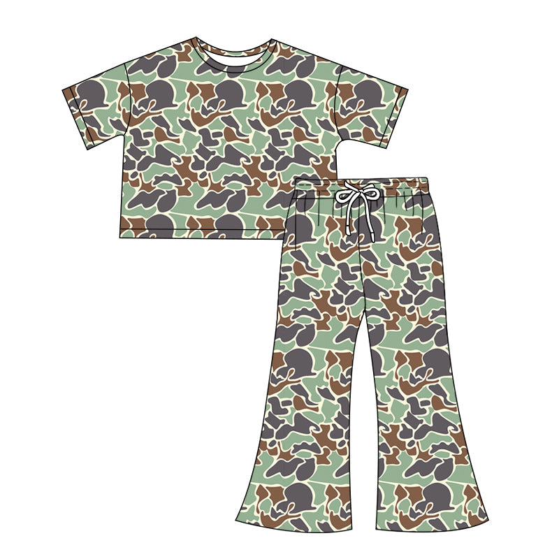 Preorder Adult Women Short Sleeves Green Camo Shirt Pants Clothes Set
