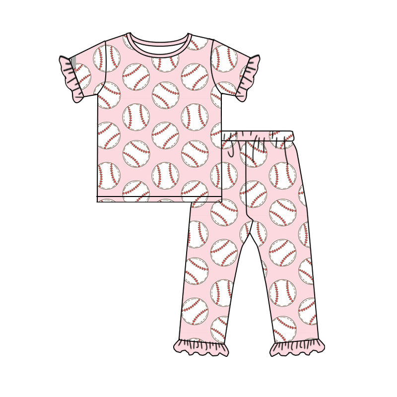 Preorder Baby Girl Short Sleeves Baseball Shirt Pants Pajamas Clothes Pink Set