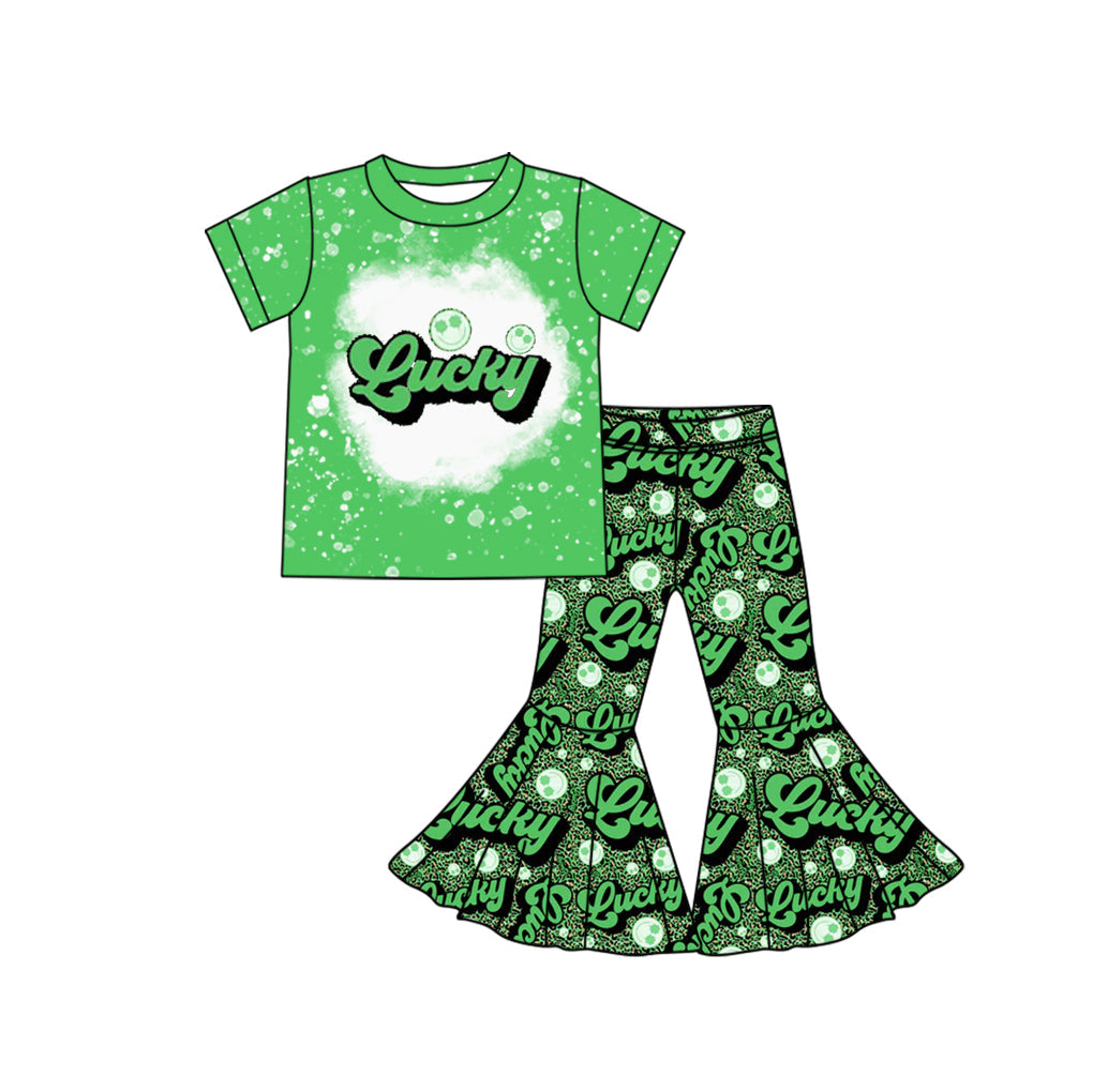Preorder Baby Girl Short Sleeves St Patrick Smile Green Shirt Bell Pants Clothes Set
