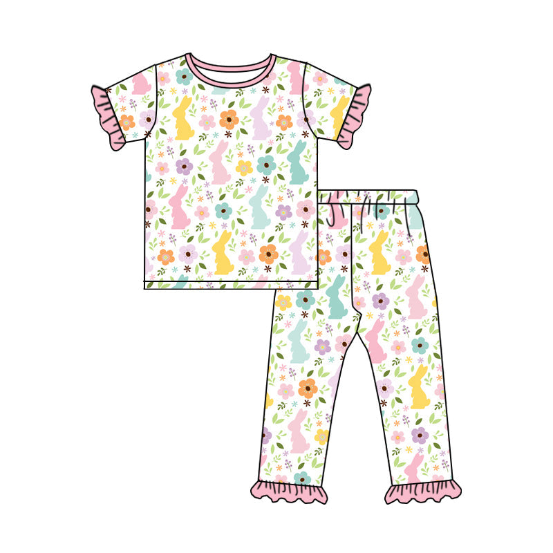 Preorder Baby Girl Short Sleeves Easter Rabbit Flower Shirt Pants Pajamas Clothes Set