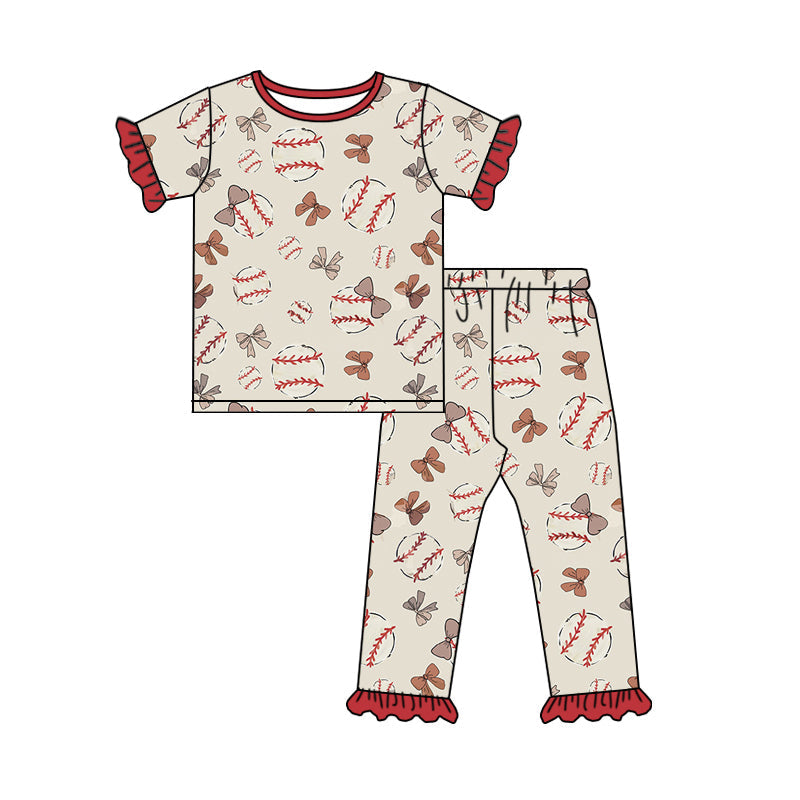 Preorder Baby Girl Short Sleeves Bows Baseball Shirt Pants Pajamas Clothes Set