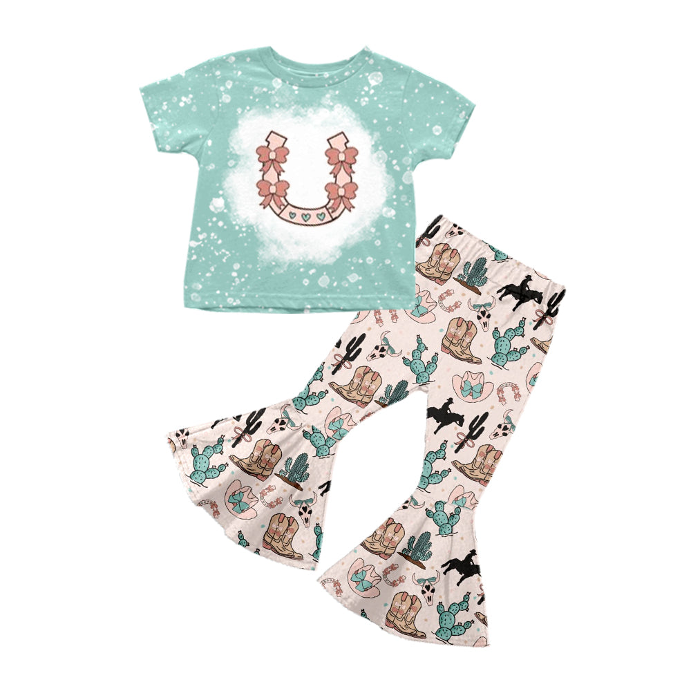 Preorder Baby Girl Short Sleeves Western Boots Rodeo Shirt Bell Pants Set
