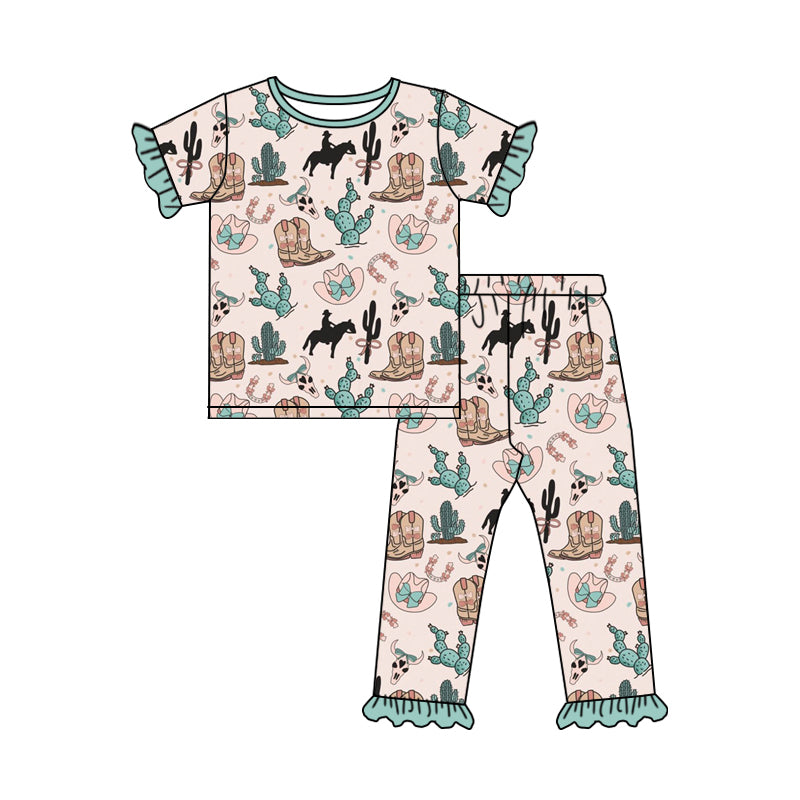 Preorder Baby Girl Short Sleeves Western Boots Rodeo Shirt Pants Pajamas Set