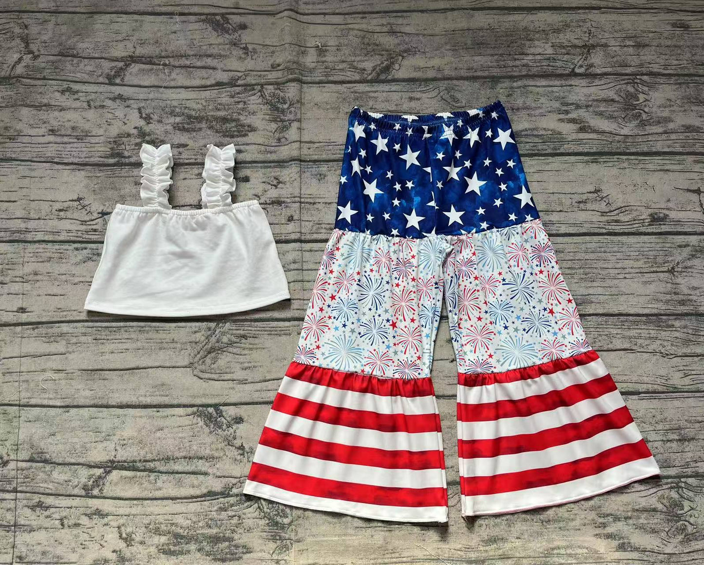 Baby Girl Straps July 4th Shirt Stars Stripes Bell Pants Clothes Set RTS