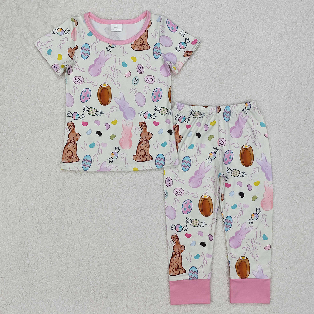 Baby Boy Girl Short Sleeves Easter Rabbits Eggs Sibling Romper Pajamas Set RTS