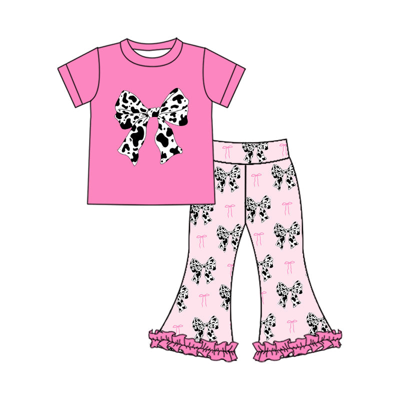 Preorder Baby Girl Pink Short Sleeves Shirt Bows Western Bell Pants Clothes Set