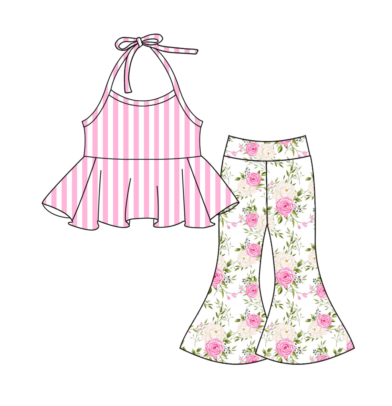 Preorder Baby Girl Pink Stripes Halter Tunic Flower Bell Pants Clothes Set