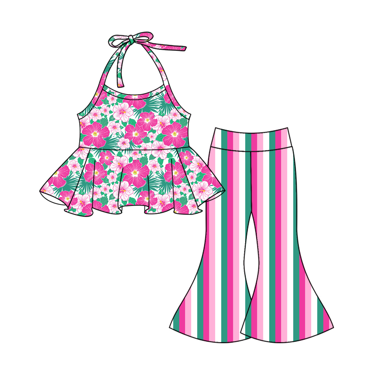 Preorder Baby Girl Flower Halter Tunic Stripes Bell Pants Clothes Set