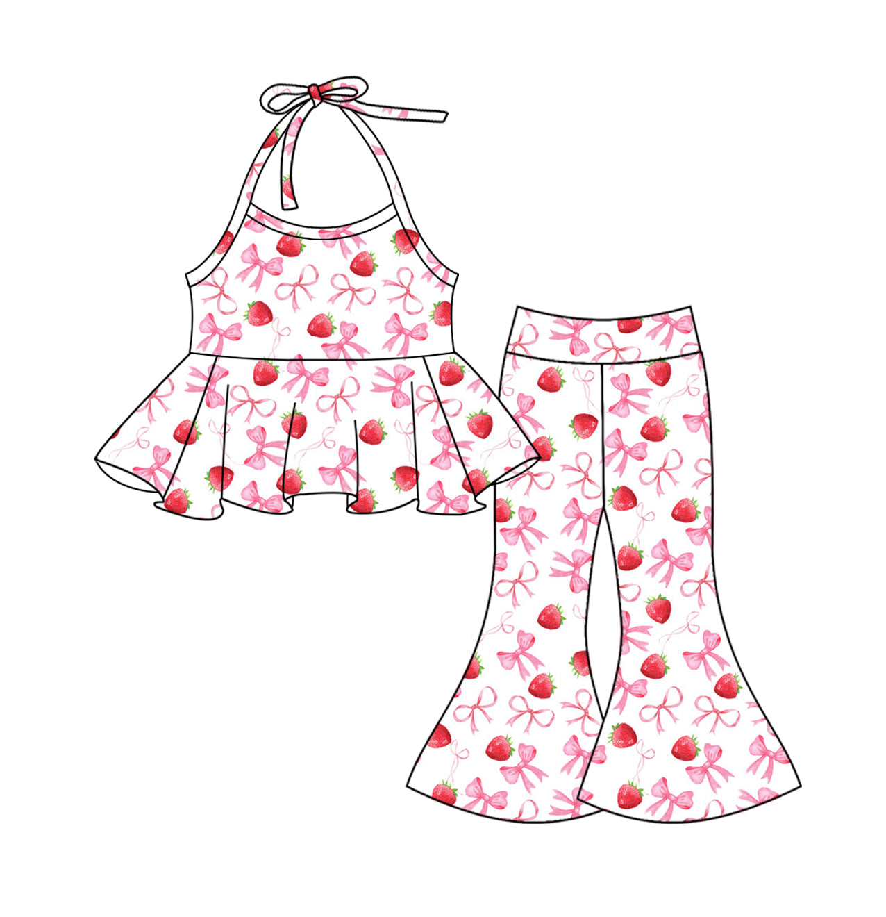 Preorder Baby Girl Strawberry Bows Halter Tunic Bell Pants Clothes Set