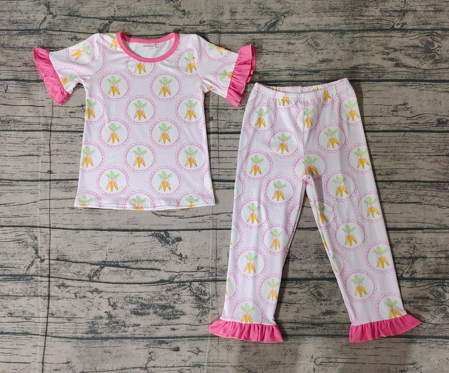 Baby Girl Short Sleeves Easter Carrots Shirt Pants Pink Pajamas Clothes Set RTS