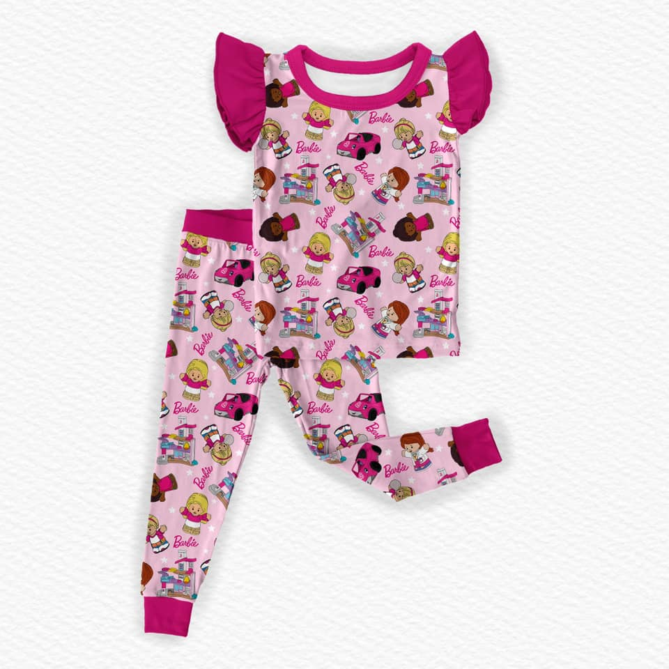 Baby Girl Short Sleeves Doll Pink Shirt Pants Pajamas Clothes Set RTS