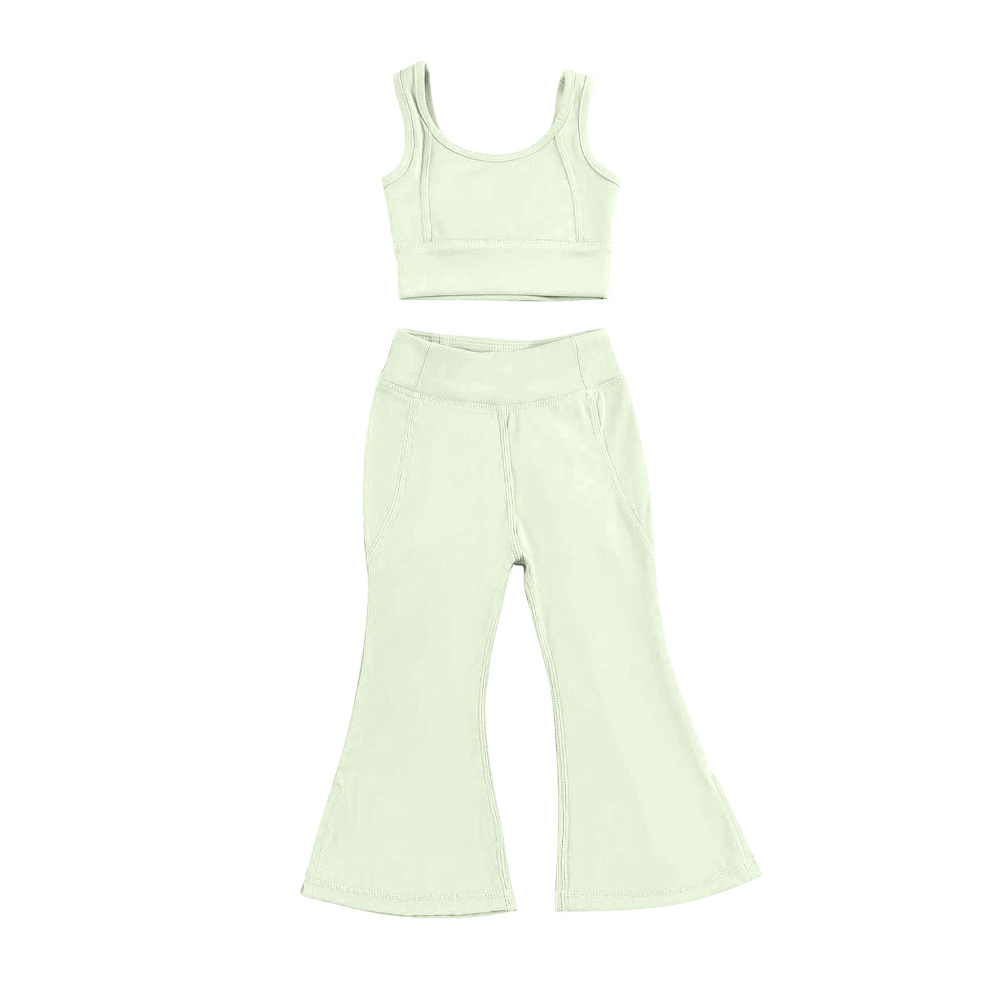Preorder Baby Girl Straps Green Vest Tops Bell Bottom Pants Yoga Active Wear Clothes Set ( Moq 5 )