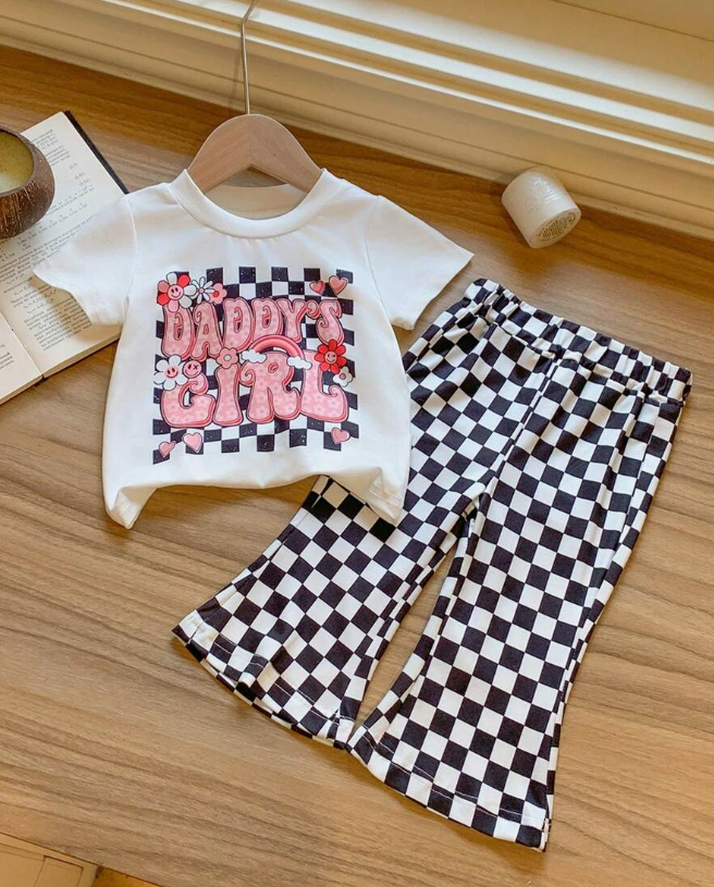 Preorder Baby Kids Toddler Short Sleeves Daddy's Girl Shirt Black Checked Pants Clothes Set ( Moq 5 )