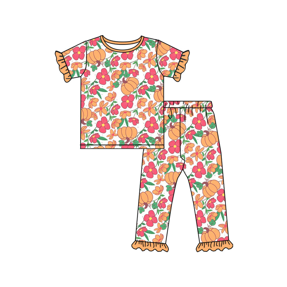 Preorder Baby Girl Short Ruffle Sleeves Flower Pumpkins Shirt Pants Pajamas Set ( Moq 5 )