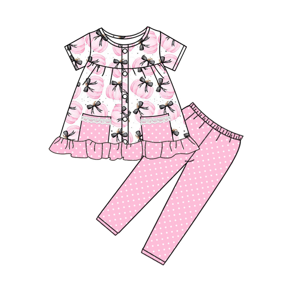 Preorder Baby Girl Short Sleeves Pink Pumpkins Bows Pockets Tunic Pants Set ( Moq 5 )