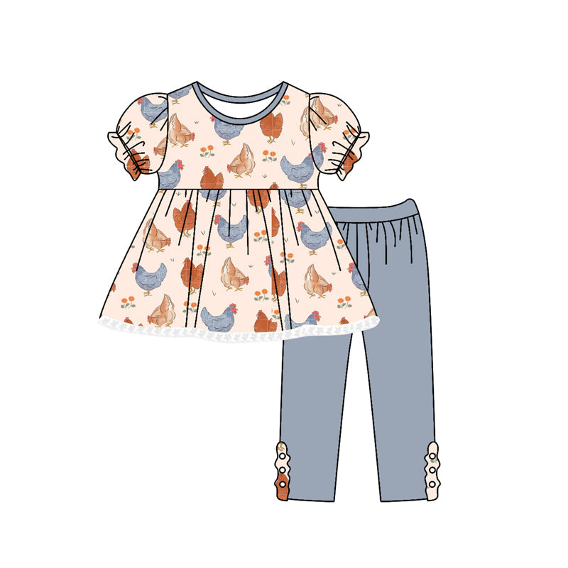 Preorder Baby Girl Short Sleeves Chicken Flower Tunic Pants Set ( Moq 5 )