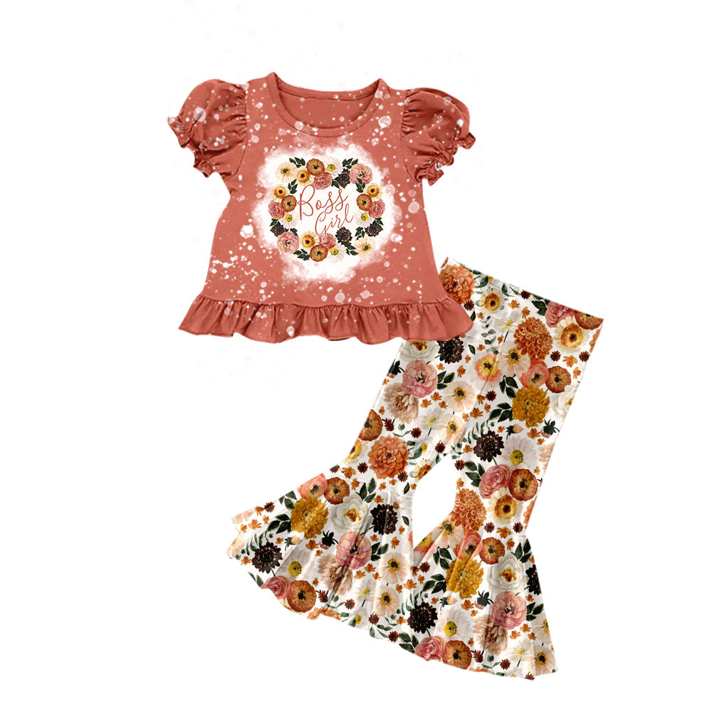 ( Moq 5 ) Preorder Baby Girl Short Ruffle Sleeves Flower Shirt Bell Bottom Pants Fall Set