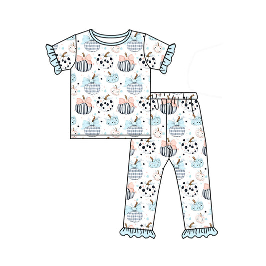 ( Moq 5 ) Preorder Baby Girl Short Sleeves Bows Pumpkins Shirt Pants Pajamas Set