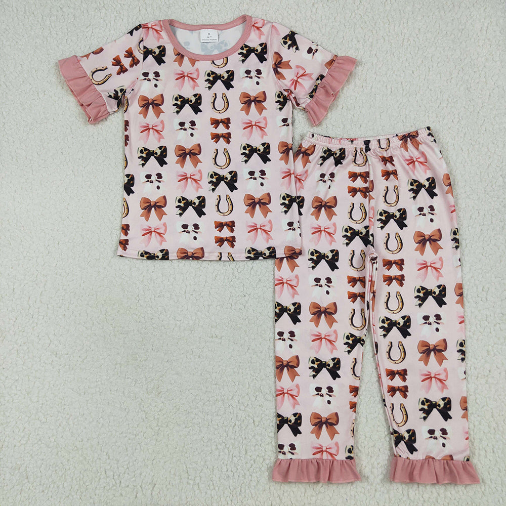 Baby Girl Short Sleeves Western Bows Sibling Ruffle Zipper Romper Pajamas Set Clothes RTS