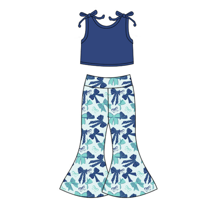 ( Moq 5 ) Preorder Baby Girl Blue Sleeveless Vest Shirt Bows Bell Pants Set