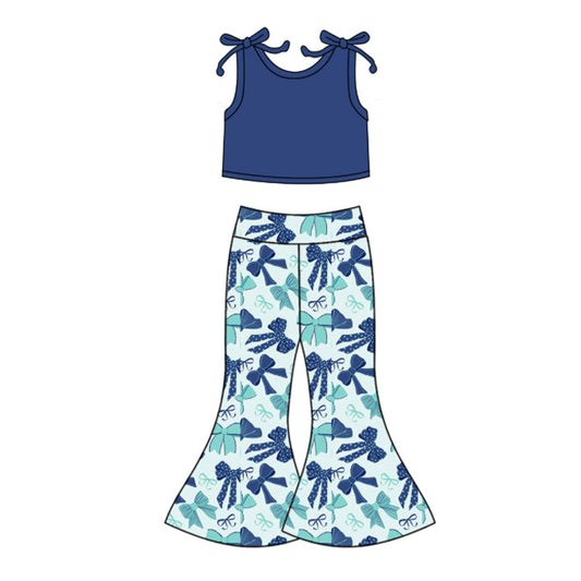 ( Moq 5 ) Preorder Baby Girl Blue Sleeveless Vest Shirt Bows Bell Pants Set