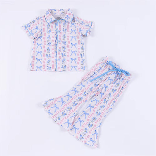 ( Moq 5 ) Preorder Baby Girl Short Sleeves Flower Bows Buttons Shirt Bell Pants Pajamas Set