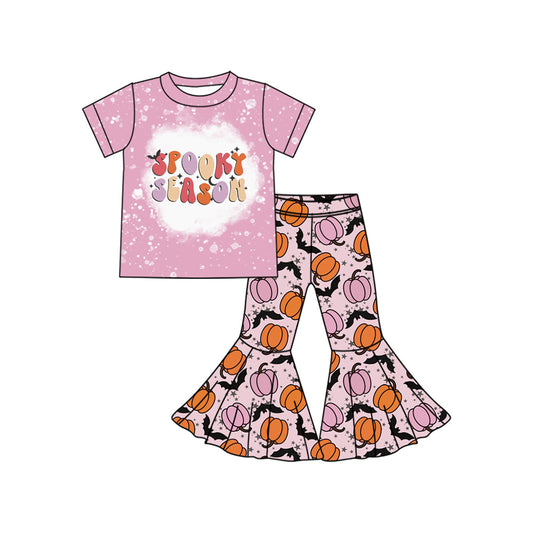 ( Moq 5 ) Preorder Baby Girl Short Sleeves Spooky Shirt Pumpkins Bats Pants Halloween Set