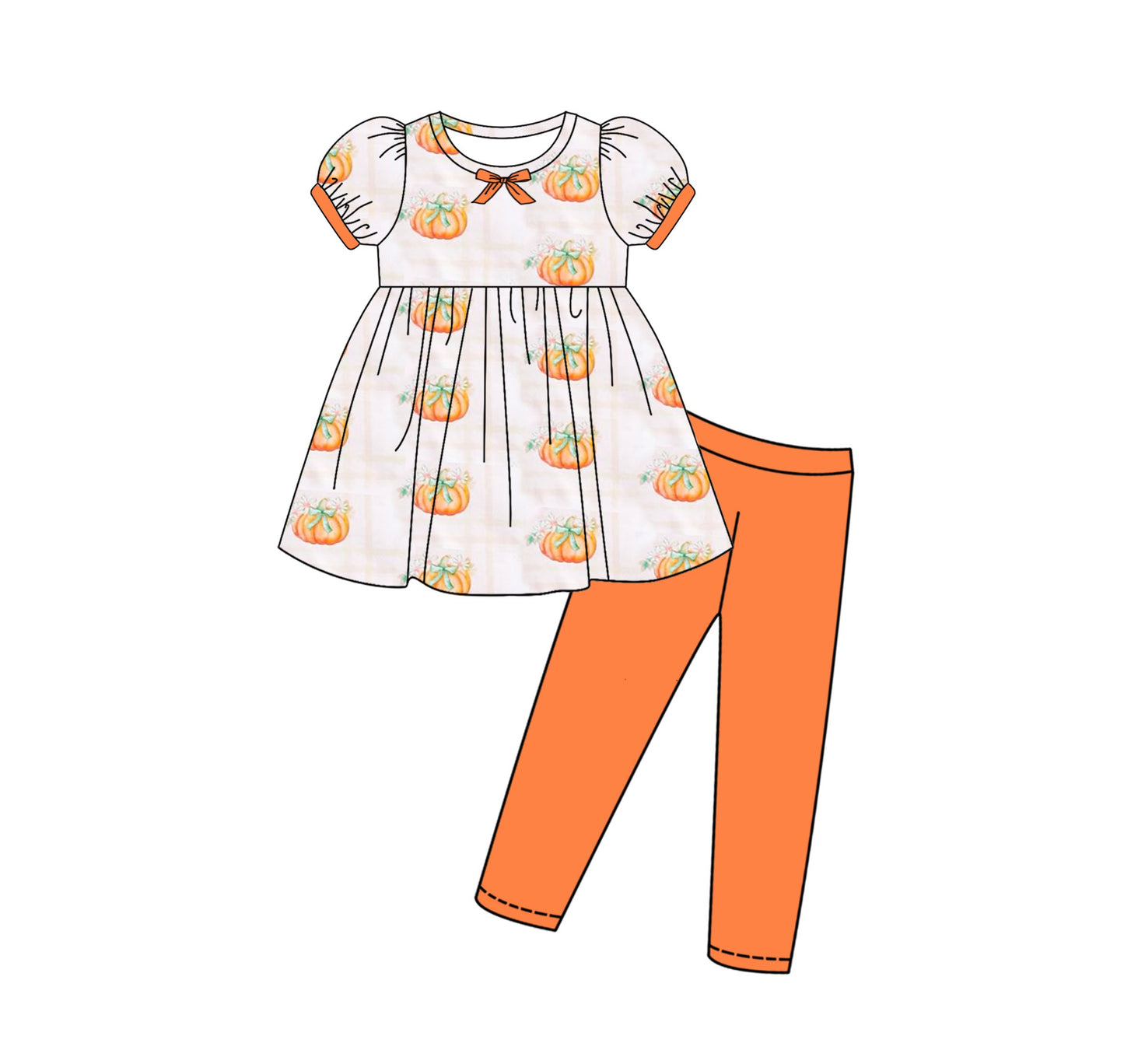 ( Moq 5 ) Preorder Baby Girl Short Sleeves Pumpkin Bows Tunic Orange Leggings Pants Fall Set