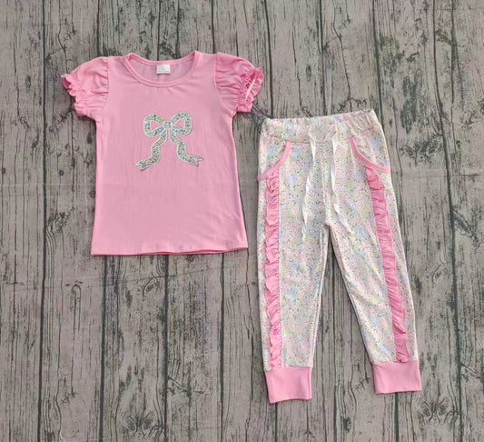 ( No moq ) Preorder Baby Girl Baby Girl Embroidery Bow Pink Shirt Floral Ruffle Pants Set