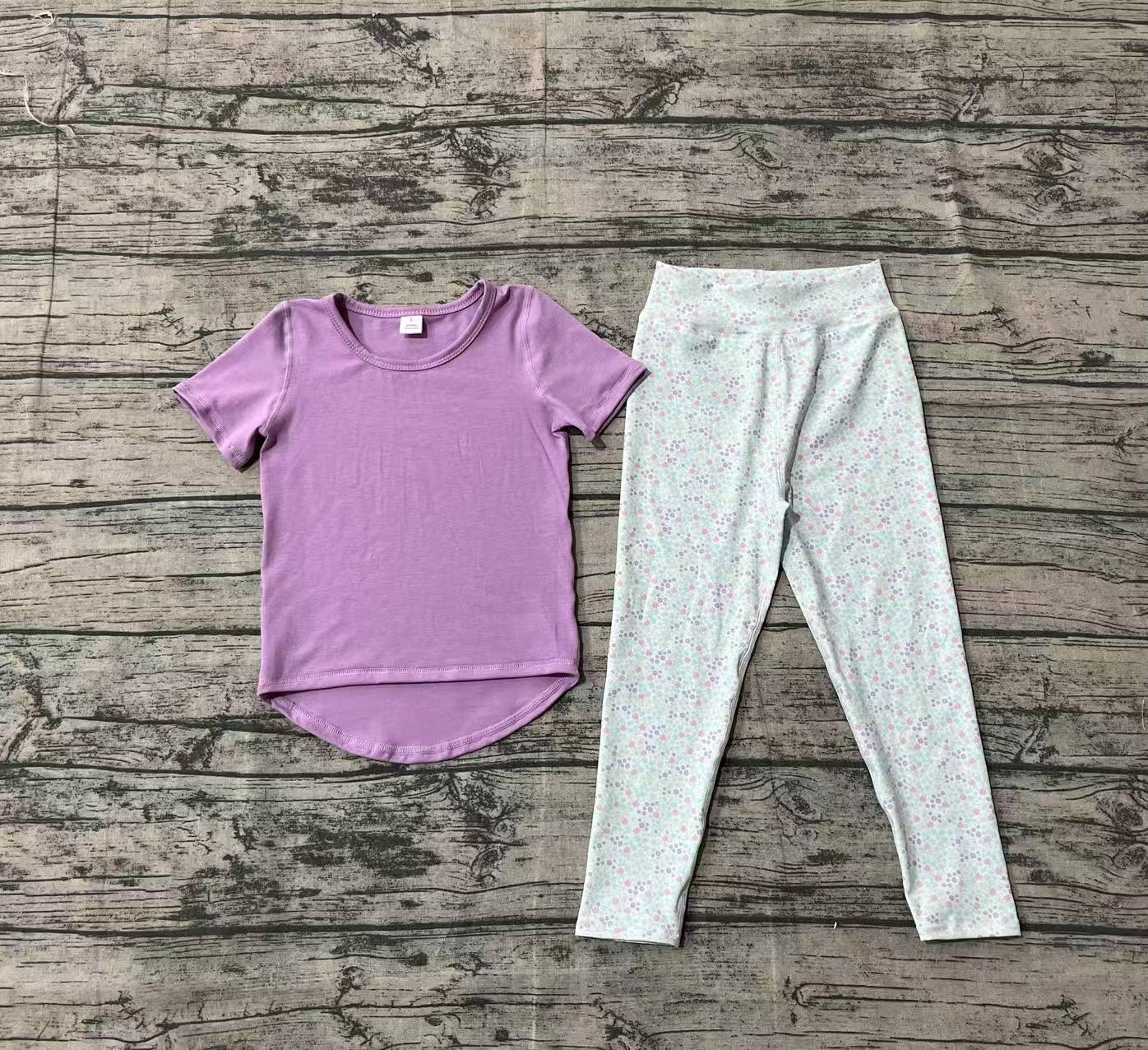 ( No moq ) Preorder Baby Girl Baby Girl Short Sleeve Purple Shirt Floral Pants Yoga Set