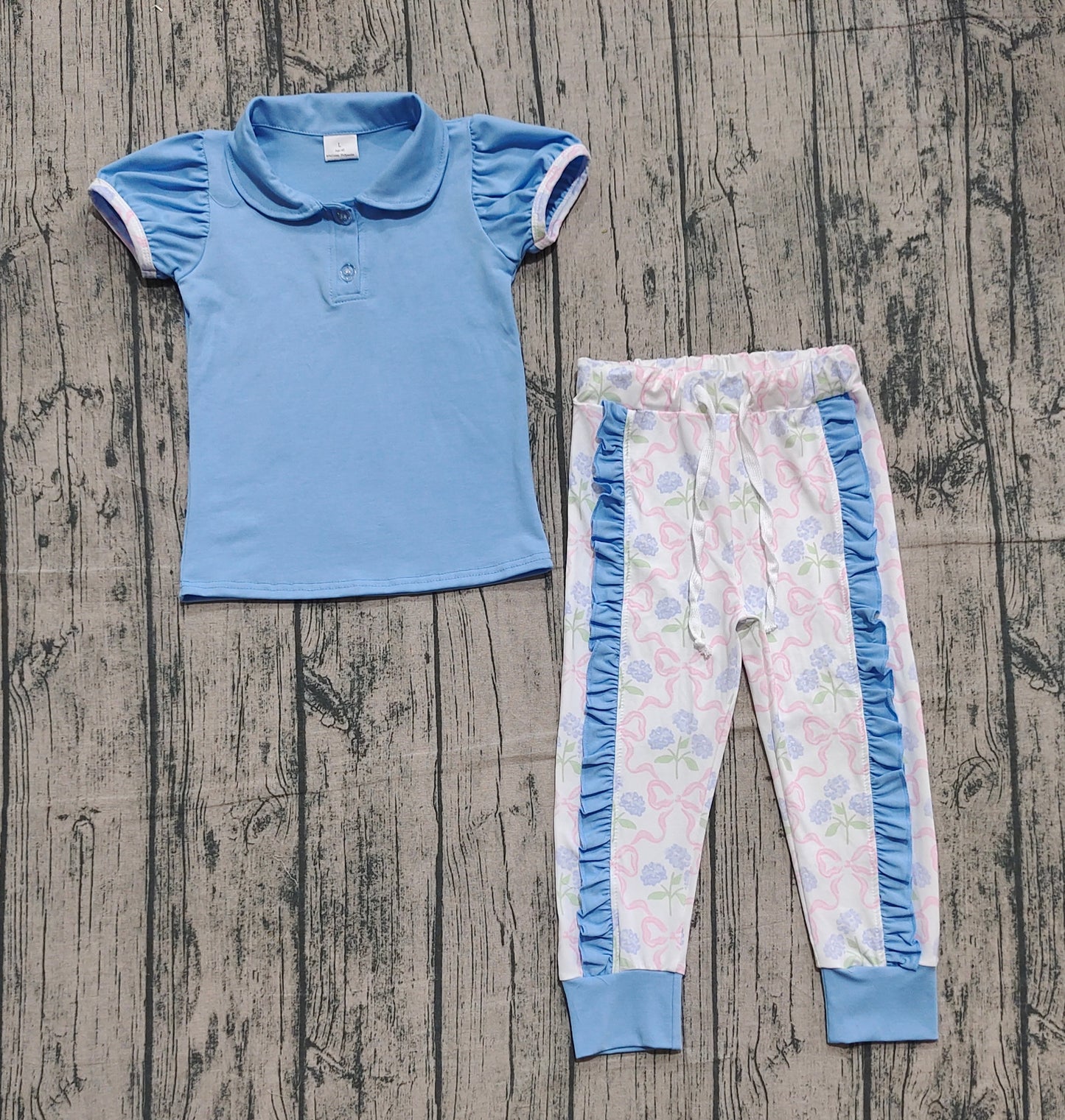 Baby Girls Kids Short Sleeves Blue Shirt Flower Bows Ruffle Pants Set RTS