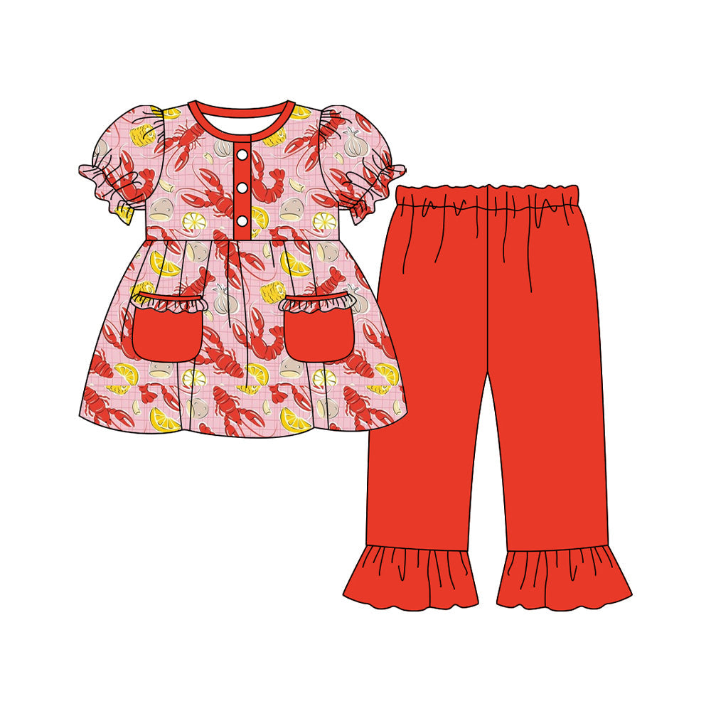 ( Moq 5 ) Preorder Baby Girls Kids Short Sleeves Crawfish Pockets Tunic Red Pants Set