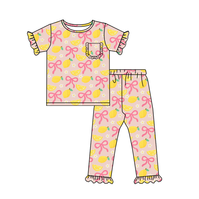 ( Moq 5 ) Preorder Girls Kids Short Sleeves Bows Lemons Shirt Pants Pajamas Set