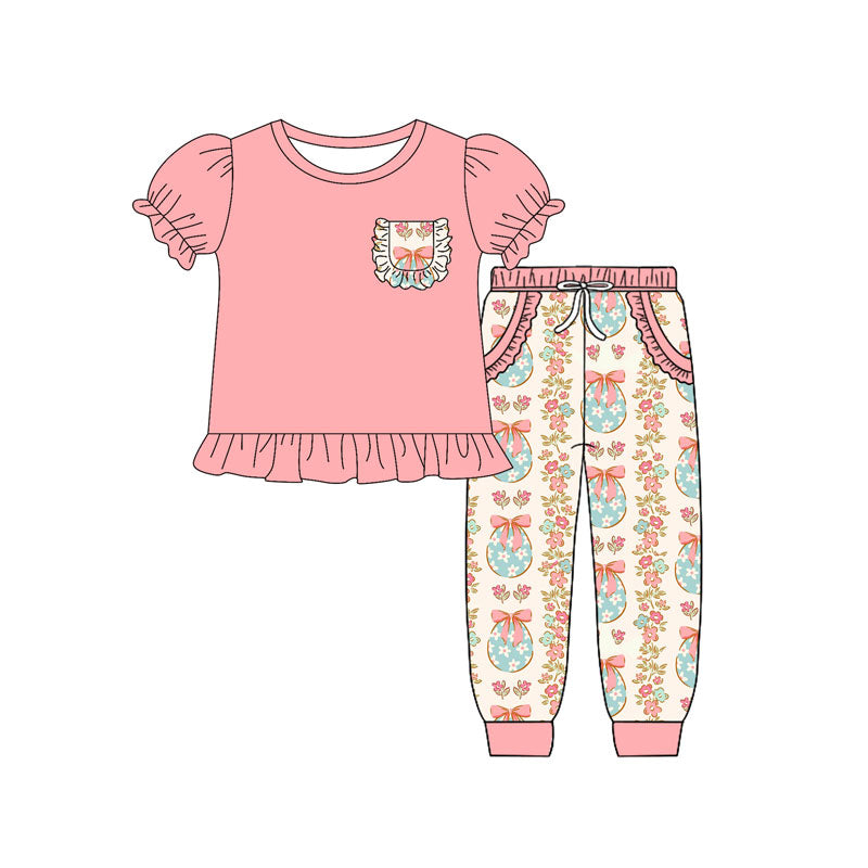 ( Moq 5 ) Preorder Girls Kids Short Sleeves Shirt Floral Eggs Pockets Pants Easter Set