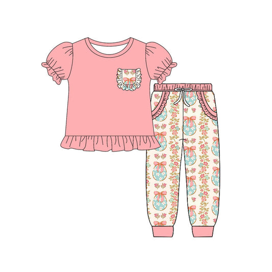 ( Moq 5 ) Preorder Girls Kids Short Sleeves Shirt Floral Eggs Pockets Pants Easter Set