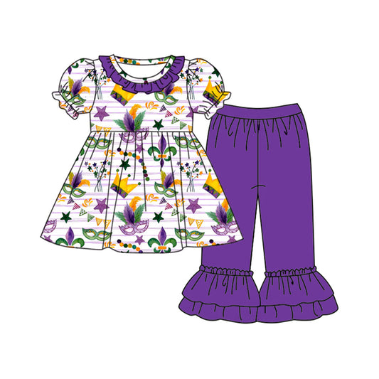 ( Moq 5 ) Preorder Girls Kids Short Sleeves Mardi Gras Masks Tunic Purple Ruffle Pants Set