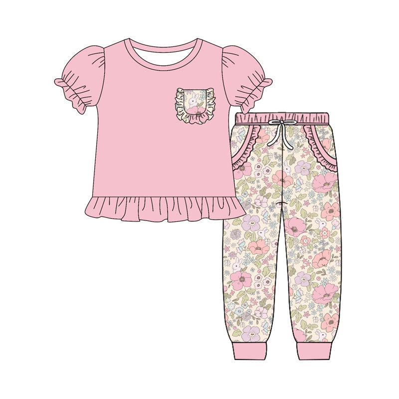 ( Moq 5 )Preorder Girls Kids Short Sleeves Pink Shirt Flower Pockets Pants Set