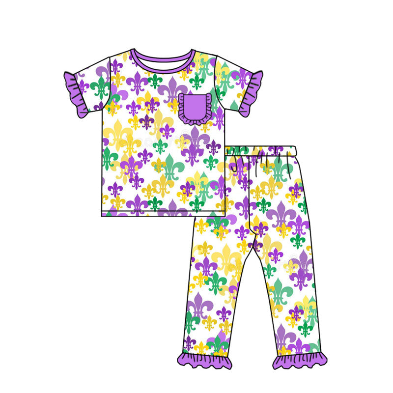 ( Moq 5 ) Preorder Girls Kids Short Sleeves Anchors Shirt Pants Mardi Gras Pajamas Set