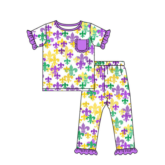 ( Moq 5 ) Preorder Girls Kids Short Sleeves Anchors Shirt Pants Mardi Gras Pajamas Set