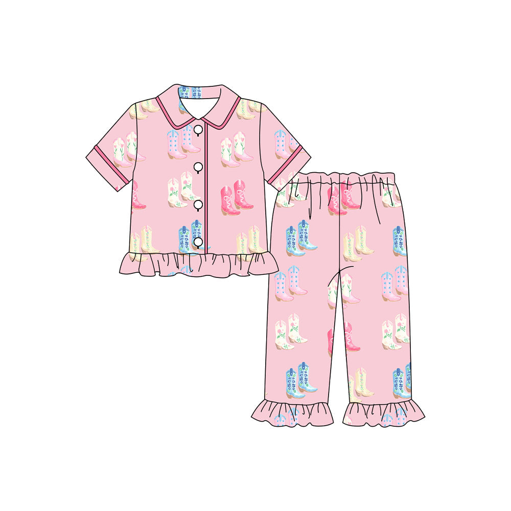 ( Moq 5 ) Preorder Girls Kids Short Sleeves Boots Buttons Shirt Pants Pink Pajamas Clothes Set
